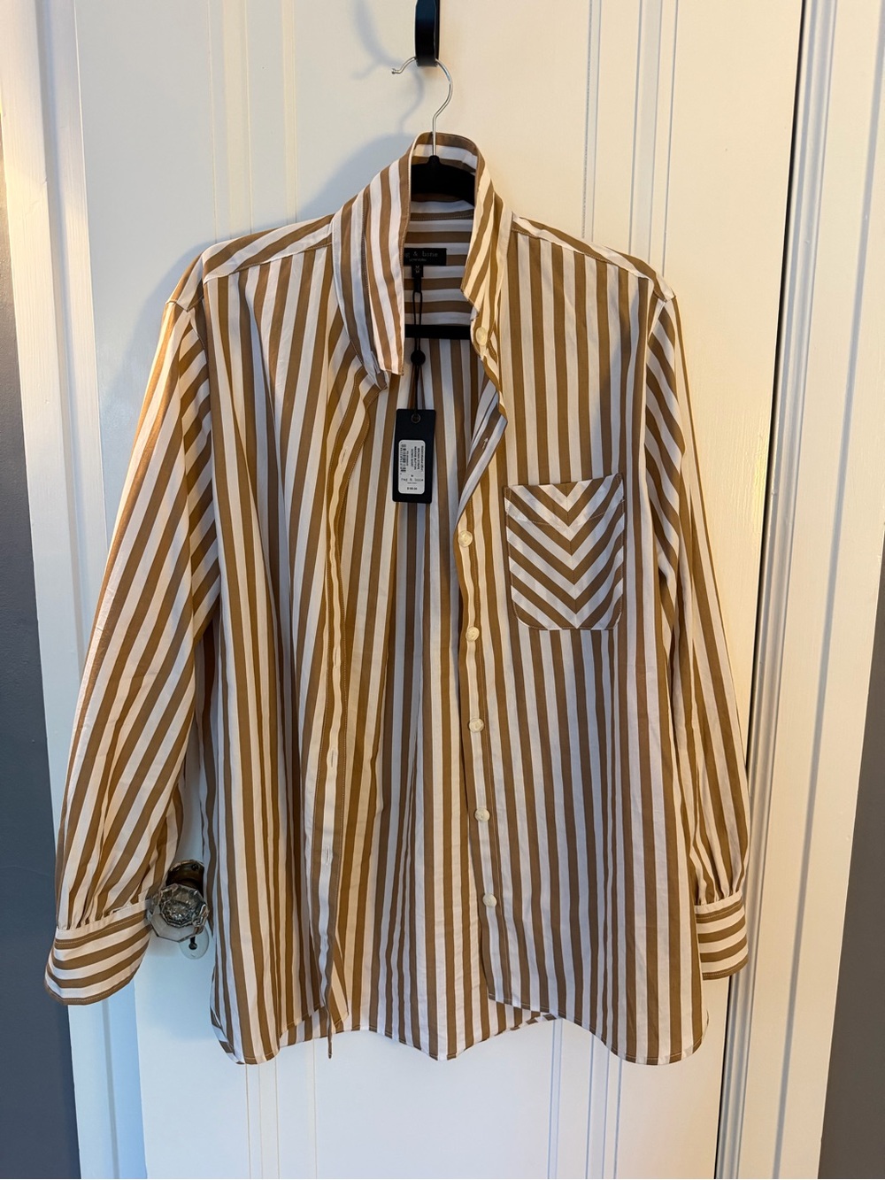 rag & bone Tan and White Vertical Stripe Casual Button-Down Shirt